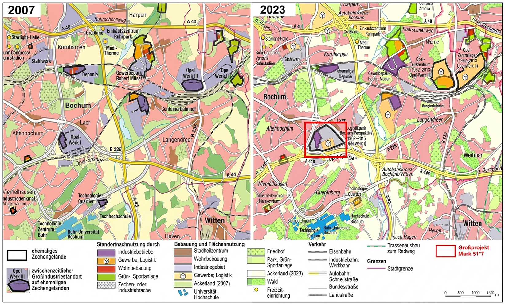 Vergleichskarte Bochum 2007–2023, Flächennutzung, Verkehrsachsen und Legende